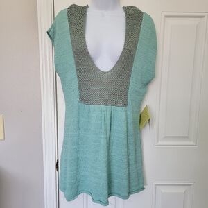 NWT Curio Teal Lightweight Knit Deep V Neck Sleeveless Metallic Thread Top Small